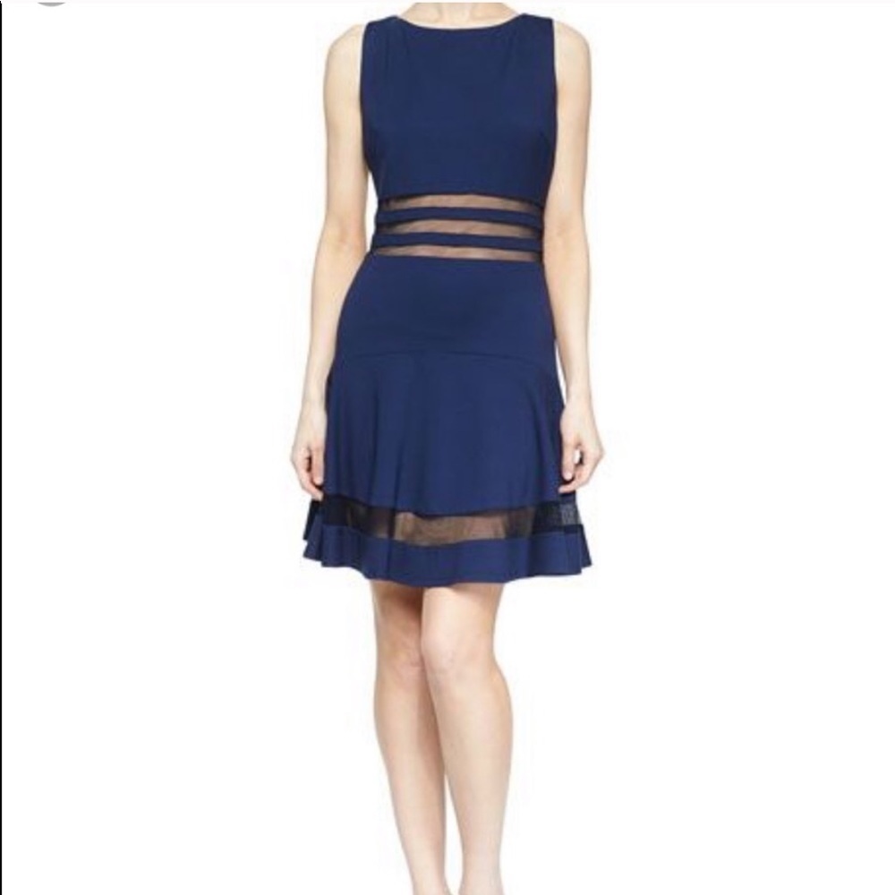 Erin Fetherston Navy Mesh Cutout Fit Flare Dress Sleeveless Cocktail 8